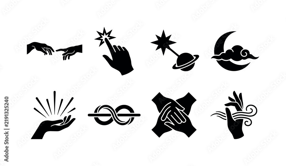 Fototapeta premium Creative Connection Hand Symbols, solid glyph icon set featuring two reaching hands, fingertip spark, planet, star, crescent moon, connection line, cloud, light ray, covering Creation of Adam inspired