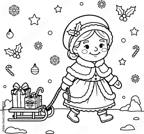 Cute girl in winter clothes pulling a sled with christmas gifts