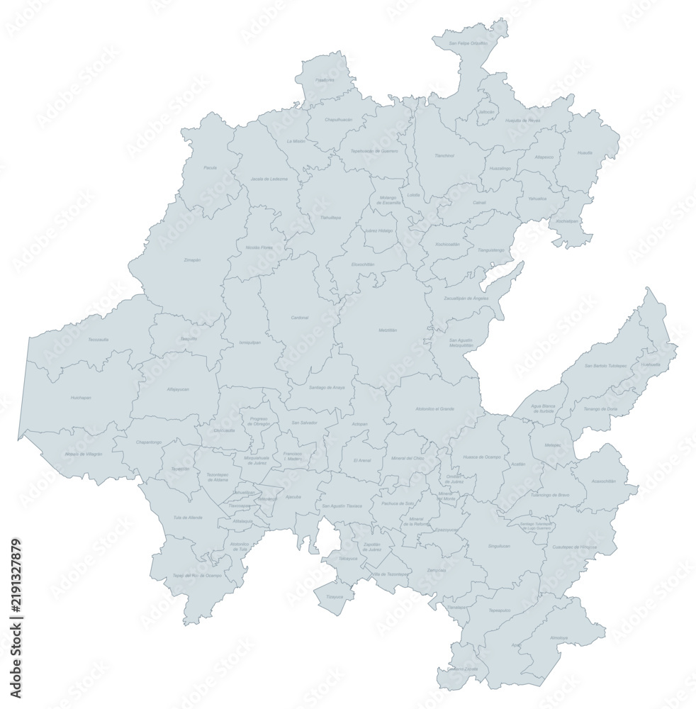 Obraz premium Administrative Divisions Map of Hidalgo State, Mexico - Detailed Political Outline