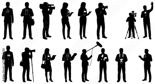 Fotografie Journalist and Reporter Silhouettes, Media Professionals with Cameras and Microp