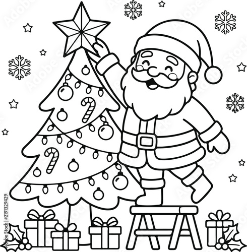 Santa claus placing a star on top of a decorated christmas tree with gifts