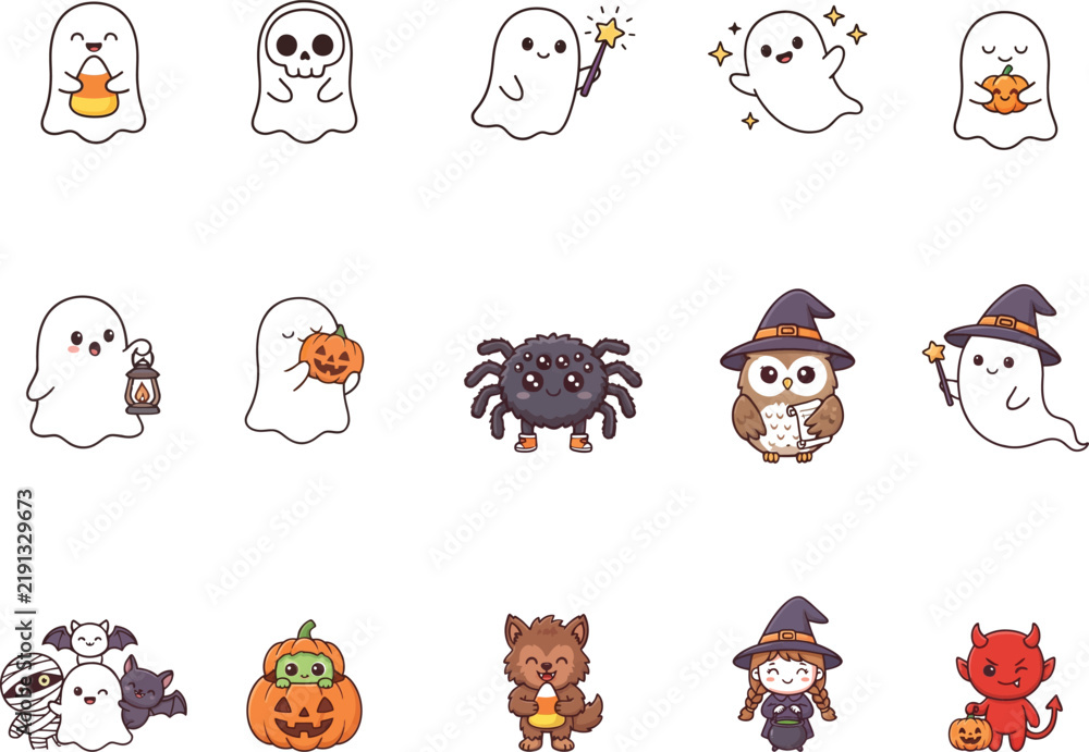 Fototapeta premium Cute Halloween Cartoon Icons Set with Rabbit, Cat, Pig and Lion Characters, Fun Kids Vector Illustration Collection for Seamless Pattern, Wallpaper and Holiday Design