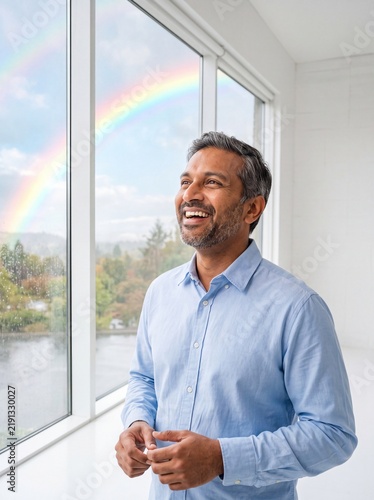 South Asian Man Smiling at Bright Rainbow After Rain