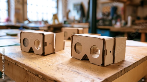Cardboard vr headset prototype on workshop table