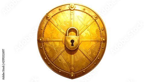 Golden shield with padlock, metal circle, radial patterns on black