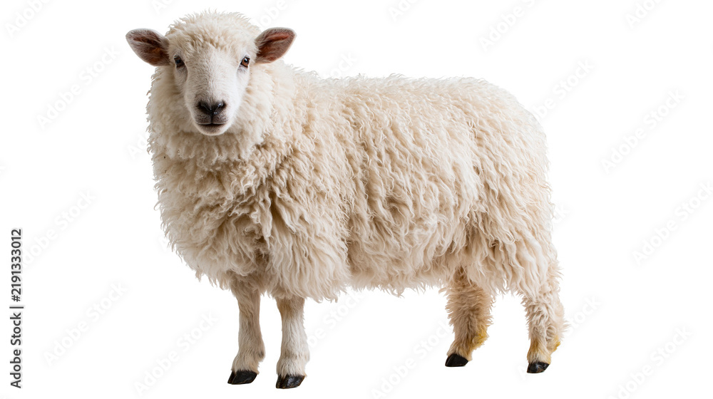Fototapeta premium Fluffy white sheep standing and looking forward