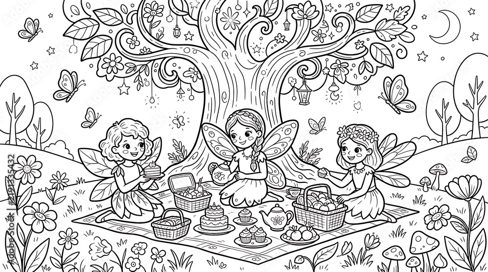 Fototapeta premium Three fairies having a picnic under a large enchanted tree with hanging lanterns and butterflies in a whimsical woodland coloring page scene