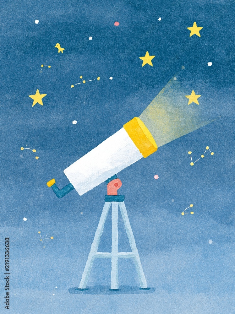 Fototapeta premium Illustration of a Telescope with a Starry Sky Background and Stars Shooting Out of a Tube