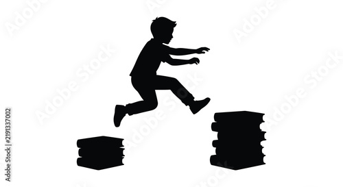 Картината върху платно Boy jumping between stacks of books is depicted in a black silhouette child yout
