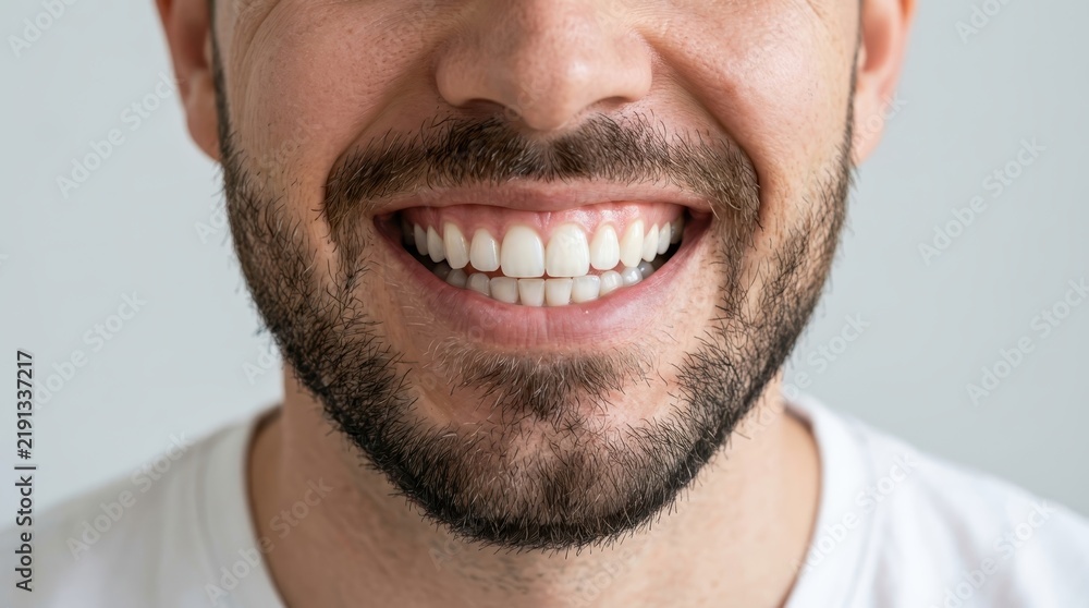 Fototapeta premium Close-up of a Man's Perfect White Smile and Well-Groomed Beard for Dental and Grooming Concepts