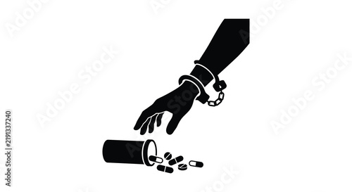 Handcuffed arm reaching for pills a stark black silhouette addiction abuse agency ailment anxiety arrest