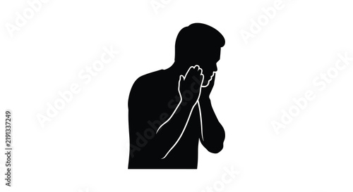 Man with hands covering mouth black silhouette against a white background figure human male person