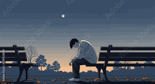 Person Sitting Alone on Bench Under Moonlit Sky