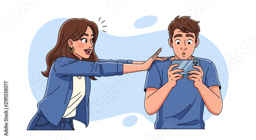 Woman Stopping Man Using Phone Distractedly