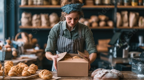 Baker packing baked goods into box for customer pickup