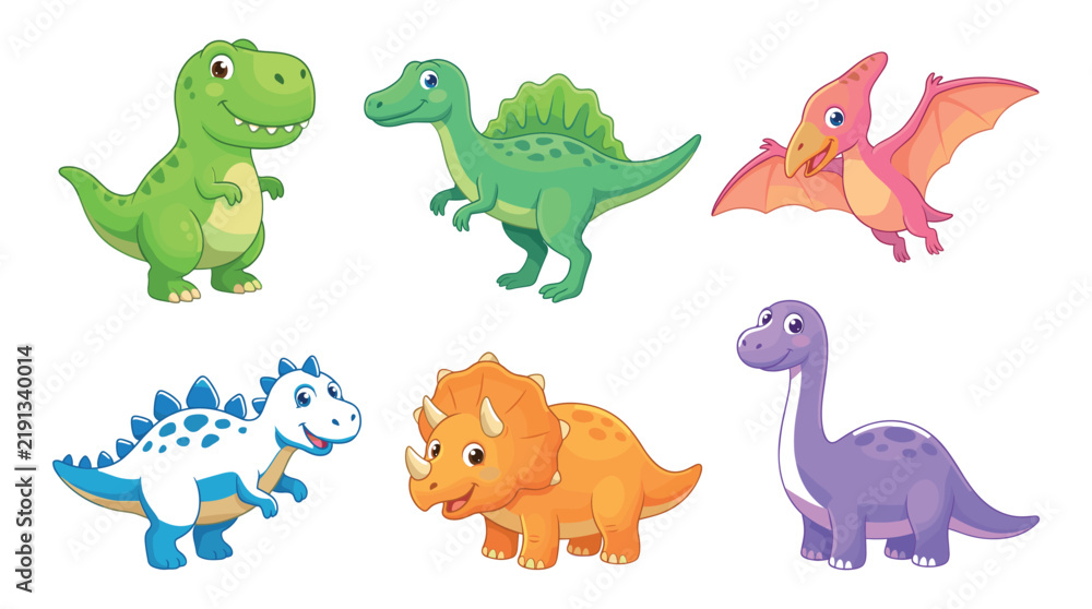 Fototapeta premium Set of Funny Cartoon Dinosaurs Vector Illustrations, Cute Dinosaur Characters Collection for Kids, Baby, Animal, Pet, Wild Nature and Playful Graphic Design