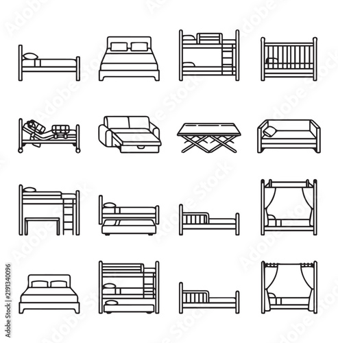 Foto Collection of simplified line drawings representing various bed types including