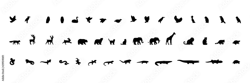Fototapeta premium Wildlife Silhouettes Set, Animal Icons Collection, Diverse Fauna Illustration Featuring Mammal, Bird
