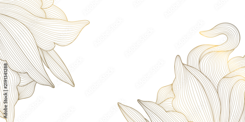 Obraz premium Elegant luxury floral pattern with golden line flowers, leaves, botanical elements, and geometric Art Deco ornament on a white background. Fancy plant background, card, wallpaper
