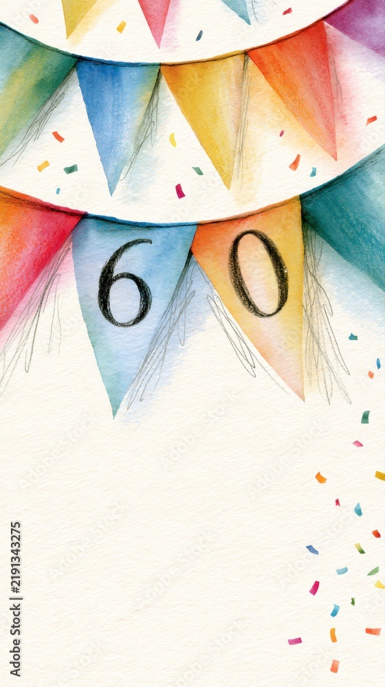 Obraz premium Watercolor illustration of colorful festive pennant banners displaying the number sixty surrounded by scattered confetti on a light background for celebration d