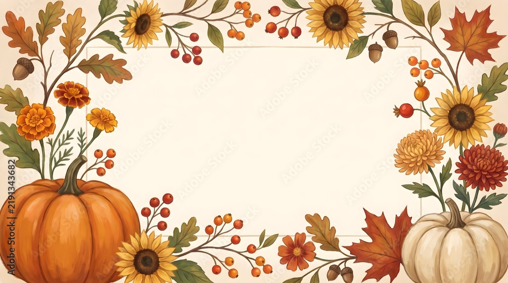 Fototapeta premium Autumn floral ornament frames a central blank space with pumpkins, sunflowers, and maple leaves fall border frame sunflower vegetables