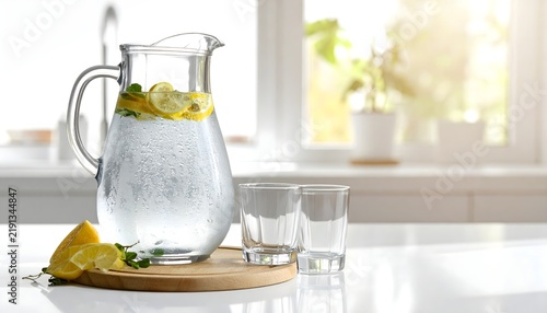 Jarra de agua con rodajas de limón y hierbas aromáticas junto a dos vasos sobre una mesa clara en una cocina luminosa