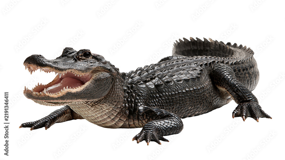 Obraz premium American alligator with open mouth showing sharp teeth and textured dark scales