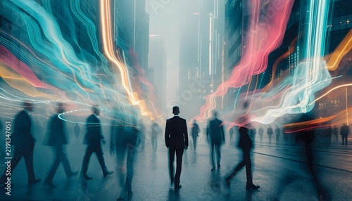 Crowd of business people walking through a foggy city street at night. Urban commuting and futuristic lifestyle concepts. Pedestrians walking together past glowing abstract light waves
