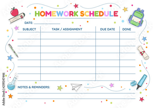 Kids Homework Schedule and Assignment Tracker Printable Vector Template