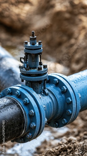 Industrial blue metal valve connection on large water pipeline in outdoor environment with bolts and moisture droplets visible on surface