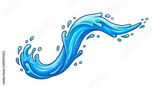 A curved blue water splash wave with small droplets isolated on a white background, for liquid motion and