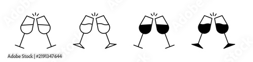 Wine glasses toast icon set. Clinking cheers symbol. Vector illustration. 