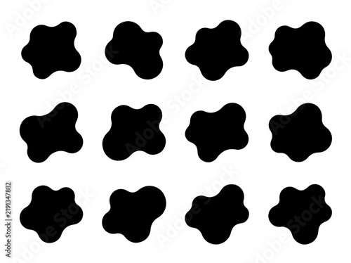 Set of twelve organic liquid blob shapes, black amorphous ink splatter silhouettes on a white background