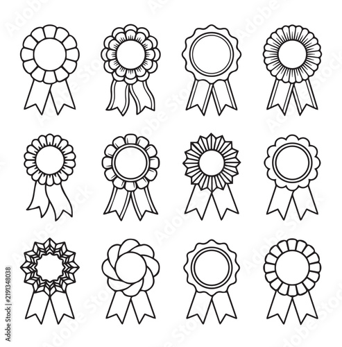Foto Collection of twelve ribbon rosettes and awards in a clean minimalist line drawi