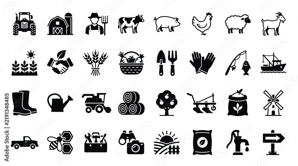 Obraz premium Comprehensive collection of thirty-two black silhouette agriculture icons including farm animals, heavy machinery, gardening tools, livestock, harvest crops, and rural equipment on white.