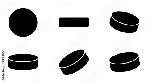 Photography Black hockey pucks set, sport equipment icons, isolated graphic design