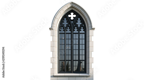 Konstfotografi Gothic arched stone window with black metal frame and decorative tracery