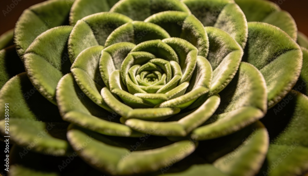 Fototapeta premium Showing single green rosette succulent plant filling close-up macro frame on table, with pot rim