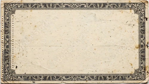 Aged and textured continuous form paper, featuring an elaborate financial border and perforated edge, ideal for vintage tech and finance designs.