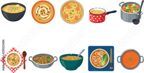 Hot Soup and Noodle Bowl Vector Flat Icon Set Featuring Vegetable Stew Pumpkin Cream Asian Ramen and Cooking Pots for Restaurant Menu and Food App Designs