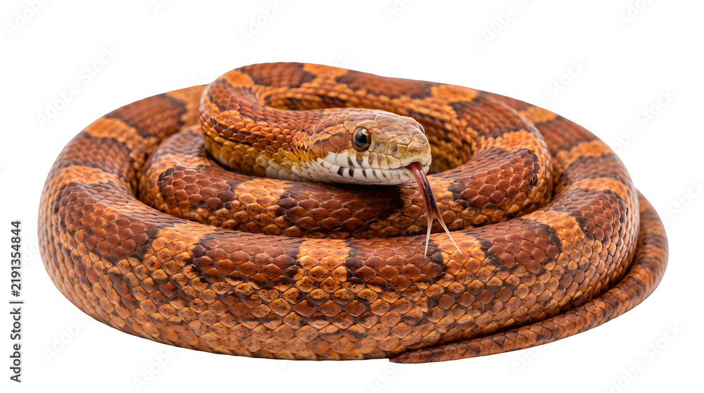 Fototapeta premium Corn snake coiled on white background, orange and brown pantherophis guttatus reptile, exotic pet snake with flicking tongue isolated