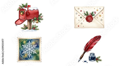 Set of christmas holiday mail elements including mailbox, envelope, snowflake stamp and quill pen