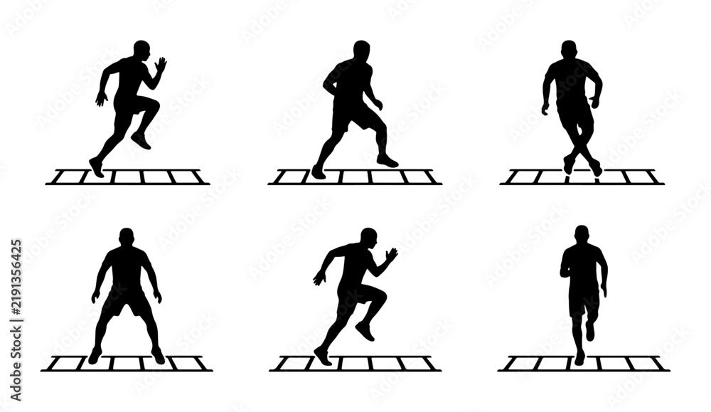 Obraz premium Black male silhouettes exercising on agility ladder, fitness and