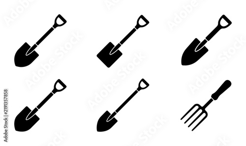 Black shovels and garden fork icons, tools for digging and gardening
