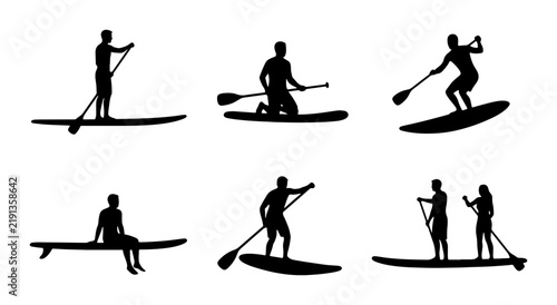 Black silhouettes of people paddleboarding on white background