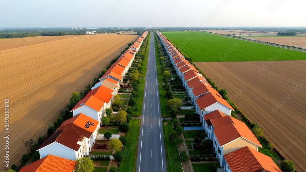 Fototapeta premium Aerial view of rural residential street with modern houses and farmland