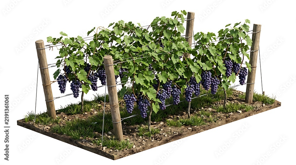 Obraz premium A Small Vineyard Section With Ripe Purple Grapes Isolated On White Background