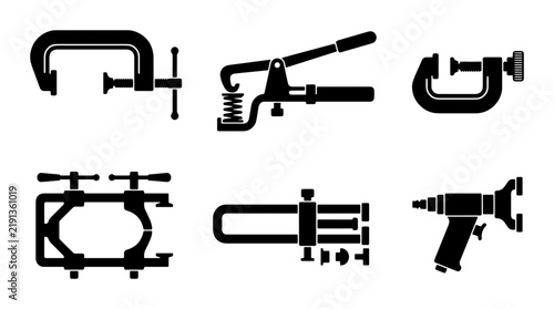 Foto Black silhouette clamps and tools, industrial hardware vector graphic