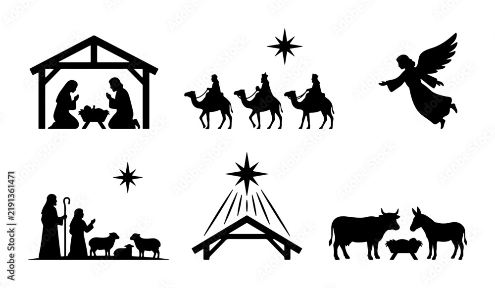 Fototapeta premium Black nativity scene silhouette, Christmas manger icons, angel and