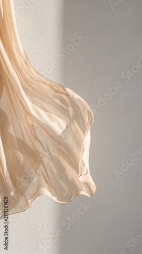 Champagne Silk Chiffon Flowing in Morning Sunlight on Minimalist Lime Wash Wall, Elegant Luxury Abstract Background with Soft Caustic Shadows and Copy Space